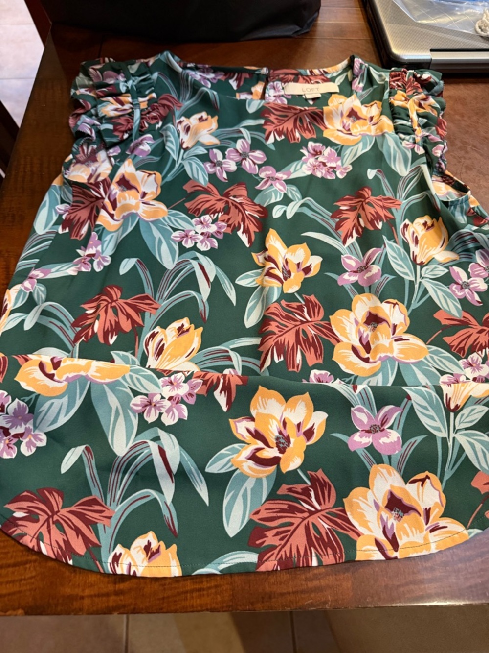 LOFT Green Floral top with Yellow and Rust Blooms